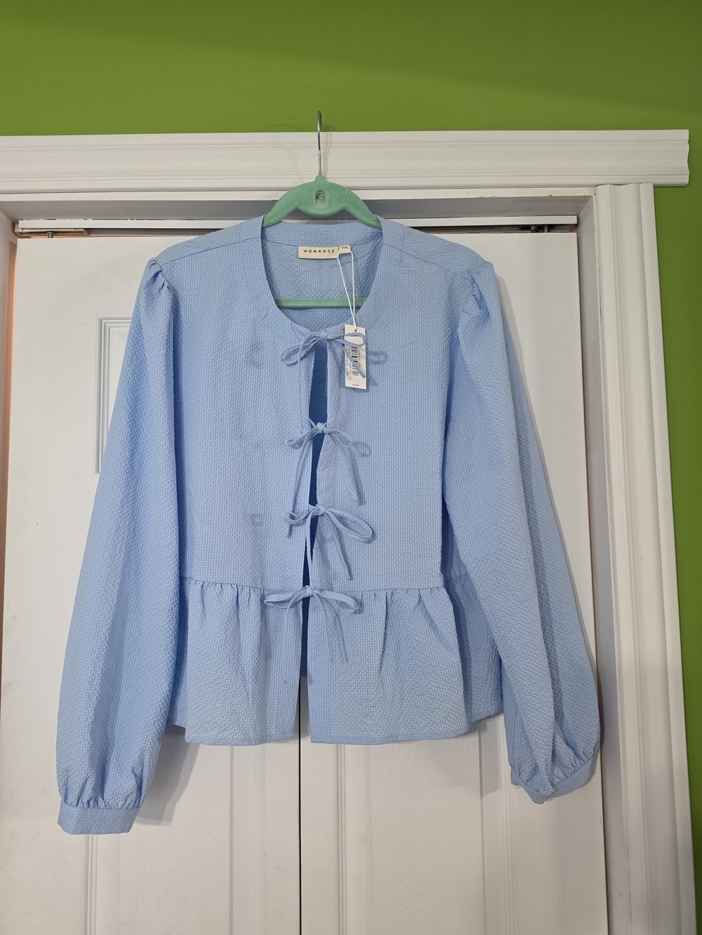 LoveShackFancy Pastel Blue Tie-Front Peplum Blouse